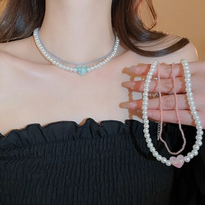Double Layer Necklace With Heart Pendant White Imitation Artificial Pearl And Blue Seed Beads Alloy Clavicle Chain Sweet Jewelry For Women