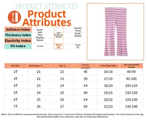 Size chart for girls cotton floral knit leggings detailing waist, length and fit parameters