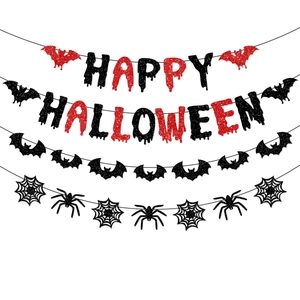 Halloween Birthday Party Banner Glitter Paper Bat Spider Web Hanging Garland Bloody Font Decoration Props