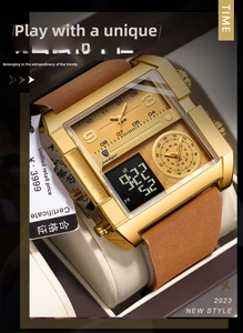 Macro shot of gold square dual-display watch with brown leather strap and steel case