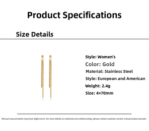 Detailed specs of gold tassel earrings in stainless steel with 2.4g weight and 4x70mm size