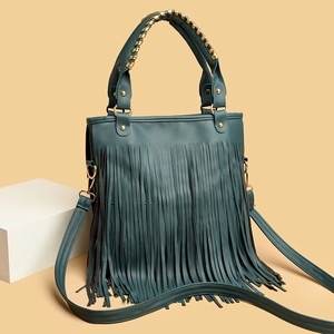 Women's Bohemian Tassel Handbag Vintage PU Leather Shoulder Bag Woven Metal Handle Fashion Crossbody Satchel Daily Tote