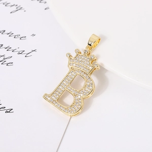 Gold letter B pendant with crown design and sparkling clear crystals for women
