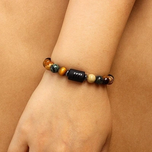 Natural tiger eye and lapis lazuli beaded bracelet with Scorpio zodiac sign charm