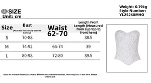 Detailed size chart for lace embroidery corset top showing measurements in centimeters
