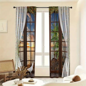 Detail view of tropical sunset scenery and white dove printed on polyester curtains