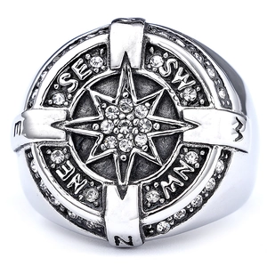 Silver stainless steel compass ring with white zircon stones and engraved N S E W markers
