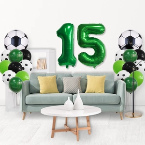 Green soccer theme party balloon set with number 15 for 15th birthday room decor