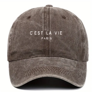 Detail of vintage brown washed cotton baseball cap with white C'EST LA VIE PARIS embroidery