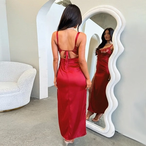 Elegant red satin slip maxi dress with lace detail and open back shown in mirror view