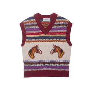 Women Retro V Neck Knitted Vest Vintage Horse Jacquard Sleeveless Sweater Fair Isle Knitwear Top Wine Red