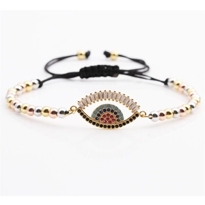 Adjustable evil eye charm bracelet with multicolor zircon and tricolor metal beads