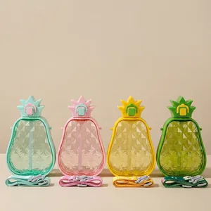 Detailed view of cute pineapple-shaped straw water bottles with adjustable straps in four colors