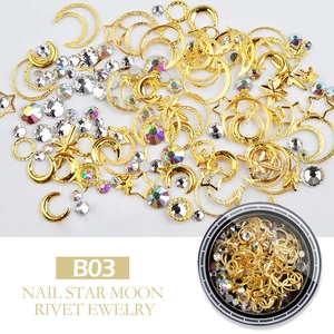 Detail of B03 gold metal star and moon nail rivets with sparkling crystal rhinestones