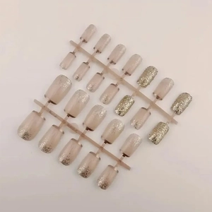 French style nude pink press-on nails with silver glitter gradient 24pcs set