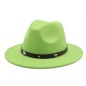 Neon green wool fedora hat with black leather band and silver star studs on white background