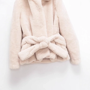 French style light pink faux fur jacket with lapel collar and waist bow belt