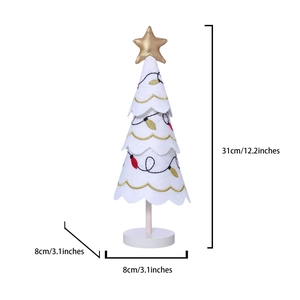 Detailed view of fabric Christmas tree with golden star and wooden base dimensions