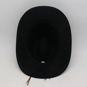 Detailed interior view of a wide brim jazz hat with inner sweatband and size label
