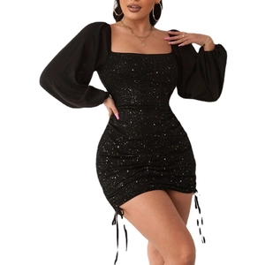 Sexy black sequined long sleeve mini dress with square neck and drawstring ruched detail