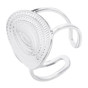 Macro shot of silver ring with textured oval top and adjustable dual-band hollow shank