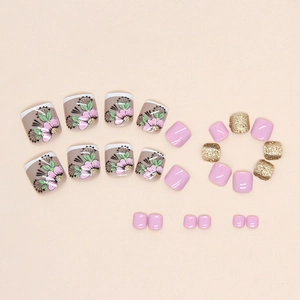 Green leaf and pink flower press-on toenails with gold glitter and lavender finish