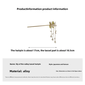 Detail view of gold lily of the valley hair stick with measurements and size dimensions