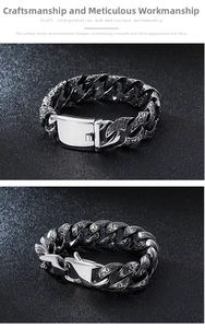 Detailed macro view of vintage engraved patterns on stainless steel Cuban link bracelet