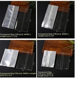Size chart for clear food-grade packaging bags showing four different dimensions