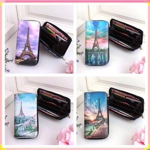 Eiffel Tower print long zipper wallet featuring multiple card slots and interior compartments