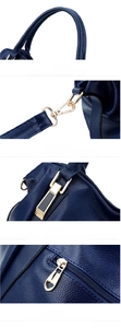 Detailed view of the blue textured leather handbag's golden hardware and handle