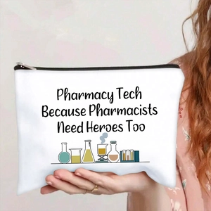 Close-up of pharmacist themed cosmetic bag with zipper and colorful lab equipment print