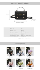 Detail showing various colors of mini PU leather crossbody bags with gold hardware
