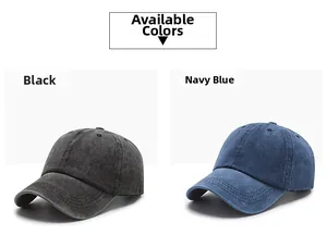 Detail view of washed cotton baseball caps in classic black and navy blue color options