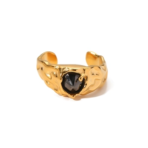 Vintage gold adjustable open ring with black zircon stone and lava texture finish
