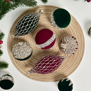 10-piece velvet flocked Christmas ornaments with bead and sequin details in red and green