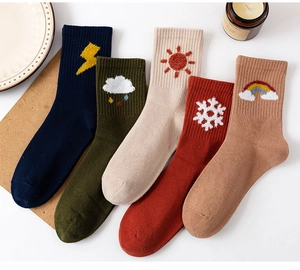 Detailed view of combed cotton socks featuring weather-themed embroidery and ribbed cuffs