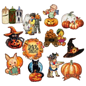 Retro Halloween decorative magnets with vintage pumpkin, ghost, and black cat illustrations