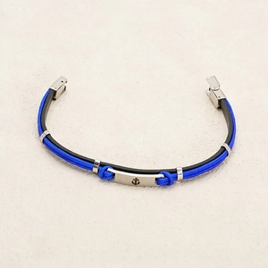 Blue nautical woven leather bracelet with silver anchor charm and metal clasp for men