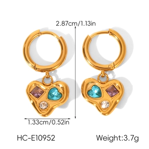 Detail view of heart drop earrings with dimensions 2.87cm height and colorful crystals