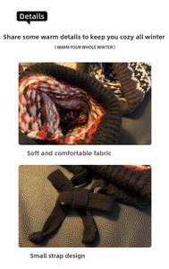 Detail of multi-color Fair Isle knit beanie with rib cuff and black bow strap