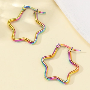 Iridescent Rainbow Pentagram Star Hoop Earrings Stainless Steel Minimalist Simple Cute Jewelry Accessories For Women