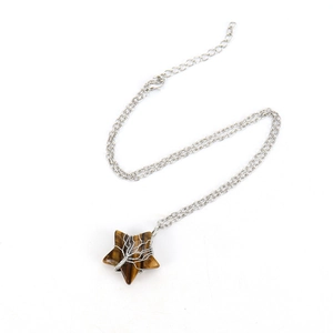 Five-pointed star tree of life necklace with tiger eye stone and wire wrapped pendant