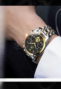 Close-up of OLEVS men's business watch with dual-tone steel band and black dial