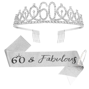 Detailed view of silver 60th birthday tiara set with glitter sash and pearl pin