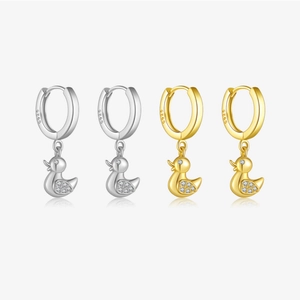 Cute Duck Hoop Earrings With Cubic Zirconia And 925 Sterling Silver Earring Post Sparkling Animal Dainty Jewelry For Women