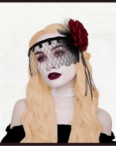 Detail of gothic rose headband with black mesh lace veil and hanging beaded tassels