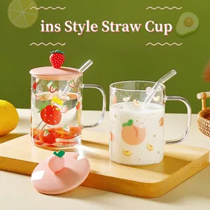 Ins-style glass mug set with strawberry and peach patterns, lids and straws on a wooden tray