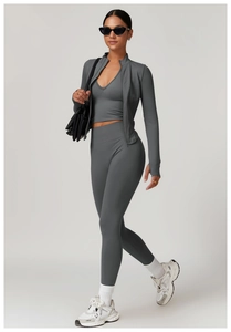 Ensemble de yoga sans couture gris foncé 3 pièces avec veste, brassière et pantalon taille haute
