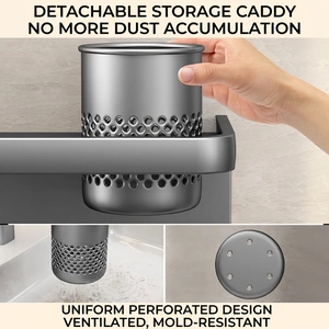 Gunmetal gray bathroom toothbrush holder with detachable drainage cup and ventilated design